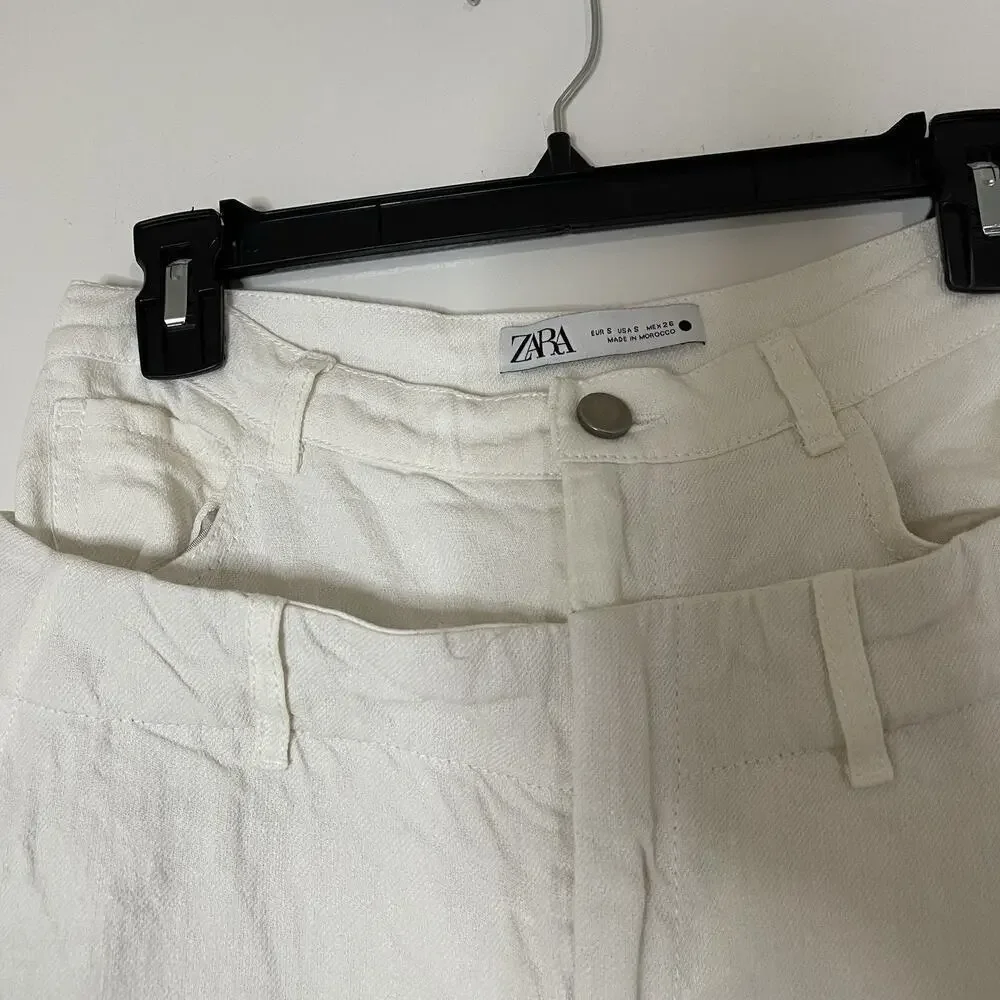 Zara Double Waistband linen blend off white ivory wide leg pants small